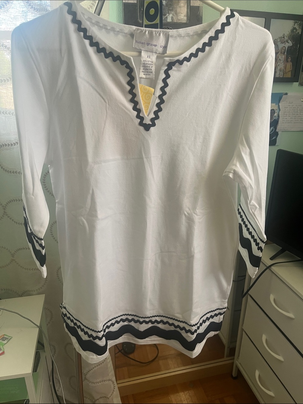 Susan Graver White Tunic with Black Ric Rac Trim